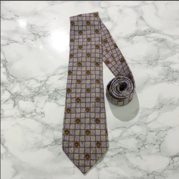 Versace Purple Grey Checkered Medusa Print Tie EUC - Picture 3 of 6